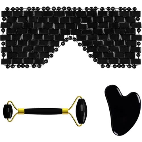 Drop Shipping Face Gua Sha Massage Mask Eye Relax Facial Massager Roller Kit Natural Obsidian Stone Face Beauty Skin Care Set