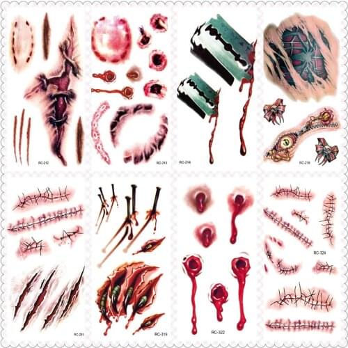 Rocooart 2020 Fake Tattoo Halloween Terror Wound Temporary Tattoo Realistic Blood Taty Injury Scar Tattoo Sticker Razor Blade 3D