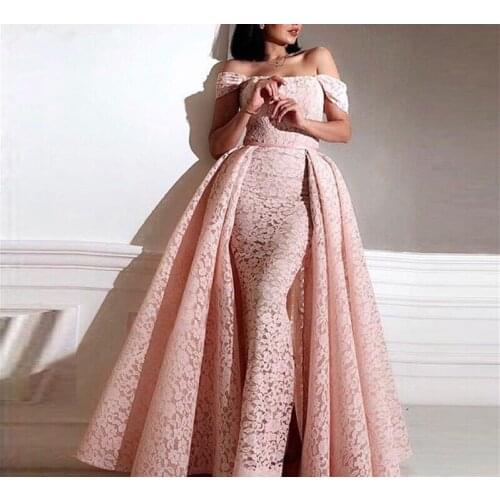 Pink Mermaid Arabic Two Pieces Evening Dresses Kaftan Long Prom Dresses 2019 Couture Lace Party Dress With Detachable Skirt