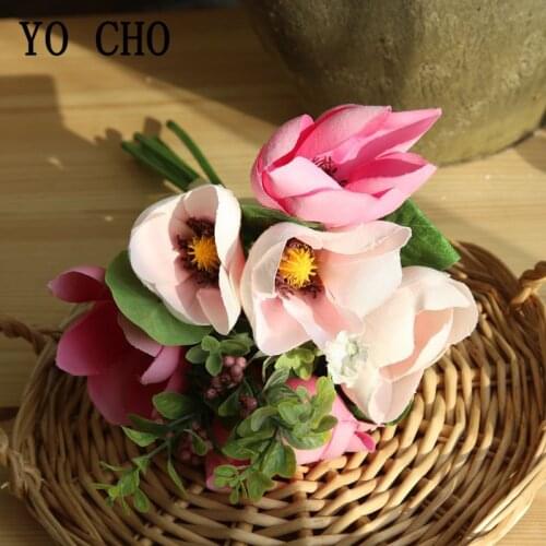 YO CHO Artificial Orchid Flower Wedding Bouquet Silk Orchid Mixed Flower Bunch Pink Girl Fake Magnolia Wedding Party Home Decor