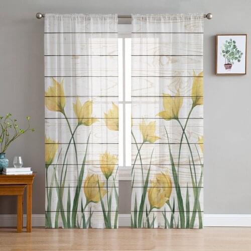 Yellow Tulip Wooden Board Texture Sheer Curtains for Living Room Bedroom Kitchen Tulle for Windows Voile Drapes Home Decoration