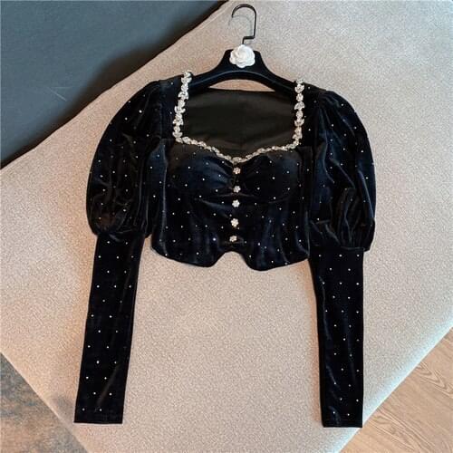 Rhinestone Collar Velour Shirt Women New Bubble Sleeve Lady All-Match Crop Top Female 2021 Spring Autumn Clothes