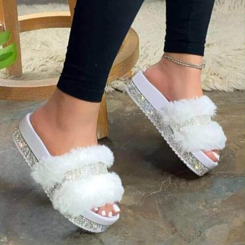 New Womens Socofy Shoes Fur Slippers Summer Home Flat Slippers Women Fluffy Sequins Indoor Women Casual Shoes Large Size 43