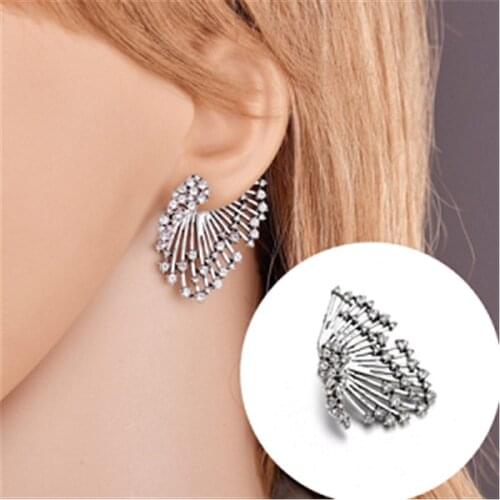 Crystal Rhinestone Wing Earring Vintage Angel Wing Statement Stud Earrings Metal Women Brincos Fashion Jewelry Accessories 1PCS