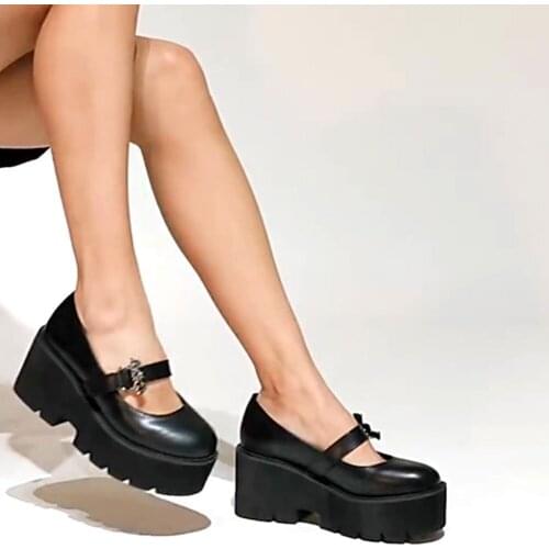 2021 Spring Summer New Gothic Style Women Shoes Thick-Soled Bat Elf Cosplay Black Chunky Heels Platform Mary Janes Casual Pumps