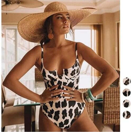 Leopard Print Multicolor Print Swimsuit Womens V-neckline High Elasticity Quick-drying Piece Sexy Thin-strap One-piece Swimsuit