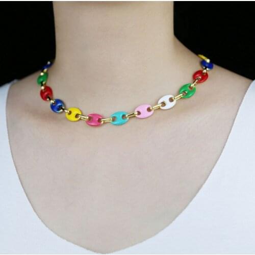 Iced out Rainbow Enamel Necklace Colorful coffee bead Shape Oval Link Chain Chocker Necklace For Women Fashion hip hop Jewelry