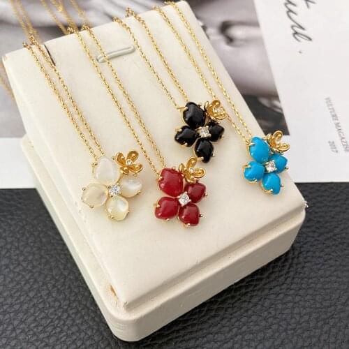 Brand Pure 925 Sterling Silver Jewelry For Women Sakura Flower Neckalce Cherry Flower Pendant Luck Clover Wedding Party Necklace