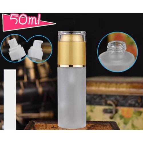 100pcs 50ml glass frosted lotion pump bottle cosmetic skin cream packaging container with acrylic plastic lid Gold silver cap SN