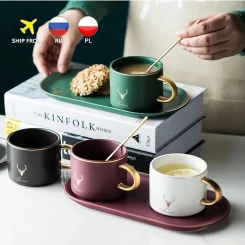 200ml Ceramics Cup Gold Rim Coffee Cups Mug And Saucers Spoon Sets With Gift Box Tea Soy Milk Breakfast Mugs Dessert Plate