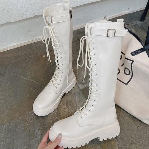 2021Fashion Autumn New Knight Boots Retro College British Style Thick Bottom Motorcycle Boots Lace Up Buckle Decoration Boots