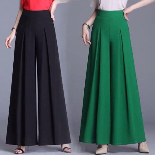 2021 New Plus Size Chiffon Wide Leg Pants Women Hakama Loose Dancing Swinging Feeling Culottes Elastic Waist Trousers 169