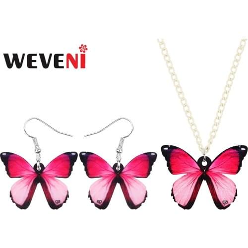 WEVENI Acrylic Pink Morpho Butterfly Jewelry Sets Animal Insect Earrings Necklace For Women Girls Novelty Party Gift Decoration
