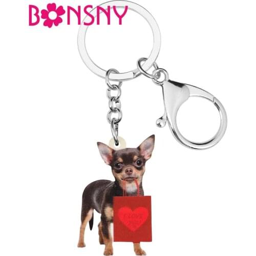 Bonsny Acrylic Valentines Day Gift Bag Chihuahua Dog Key Chain Ring Bag Car Purse Keychains For Women Girl Teen Men Charms Gift