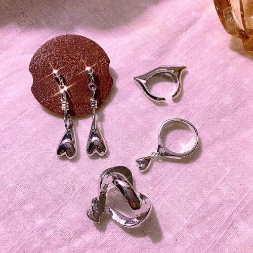 FFLACELL Korea 2020 New Chic Metal Silver Color Niche Design Irregular Pendant Heart Ring for Women Cool Girl Party Jewelry