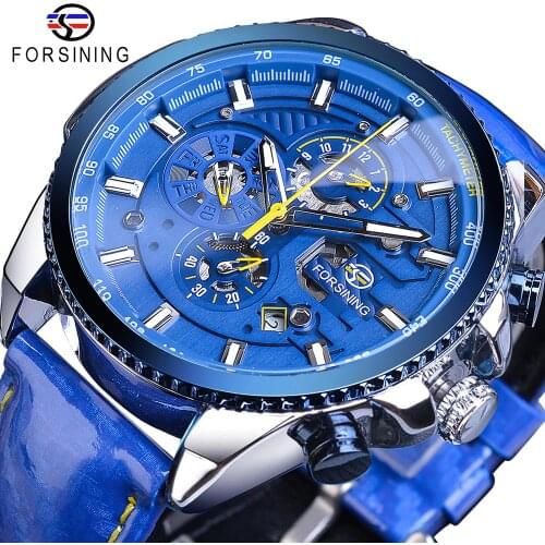 Forsining Blue Dial Luxury Mens Automatic Watches Stainless Steel Calendar Waterproof Genuine Leather Band Mechanical Male Clock