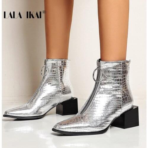 LALA IKAI Women Autumn Winter Boots 2020 Zipper Ankle Boots High Heels Short Boots Serpentine Fall Womens Booties XWC10300-4
