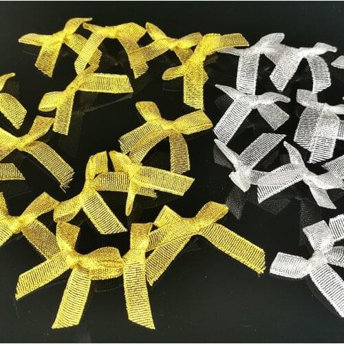200 Pcs/pack) Gold And Silver 10ｍｍ Width Metallic Glitter Ribbon Bows Small Size Ribbon Bow Handmade DIY Craft Decoration