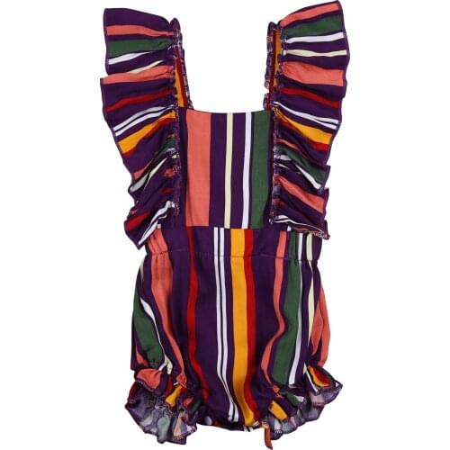 Lioraitiin 0-24M Newborn Infant Baby Romper Girls Striped Square Neck Fly Sleeve Bodysuit Ruffled Playsuits for Summer Fall