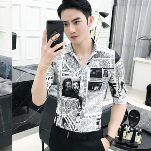 Mens High Quality Summer Tuxedo Shirt Half Sleeve Slim Fit Newspaper Print Shirt Men Casual Night Club Party Dress Shirts Mens