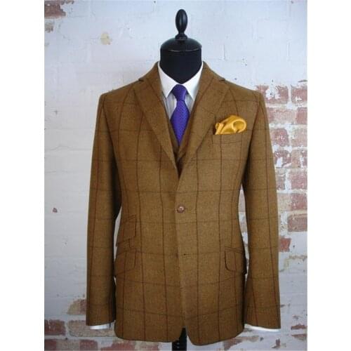 Custom Mens SuitWinter Woolen V-Neck Long-Sleeved Plaid Casual Cocktail Party Wedding Groom Best Man Suit