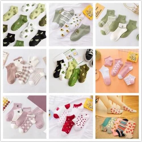 5 Pairs Spring Summer Cotton Socks Women Avocado Strawberry Embroidery Breathable Funny Sock Harajuku School Girl Ankle Socks