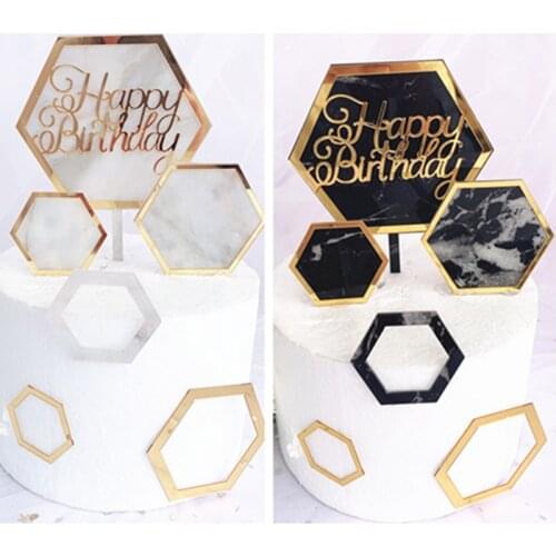 New INS Marble Acrylic Cake Topper Hexagon Gold Happy Birthday Cake Topper For Kids Birthday Party Cake Decorations Baby Shower