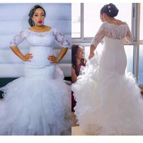 New Dressed As An African Bride Lace Strapless Wedding Mermaid Sweep Train Brides Dress Custom-made for Black Girls