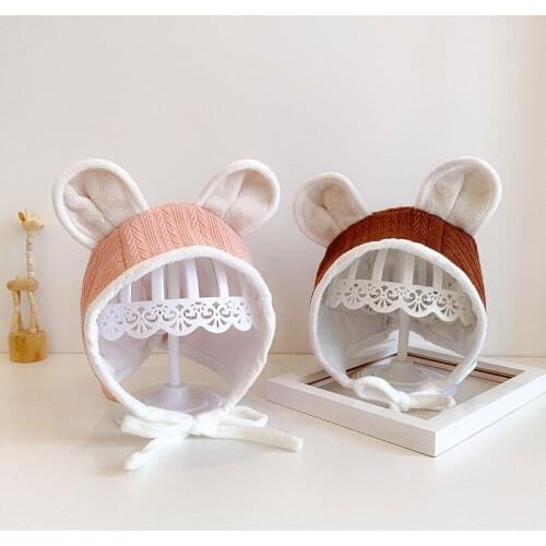 Autumn Winter Cute Baby Hat Warm Solid Color Rabbit Ear Newborn Toddler Beanie Lacing Adjustable Ear Protection Girl Boy Bonnet