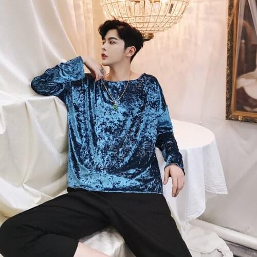 Autumn New Gold Velvet Glossy Mens Long Sleeve Slim Solid Color UnderShirt T-shirt Camiseta Masculina prom outfit
