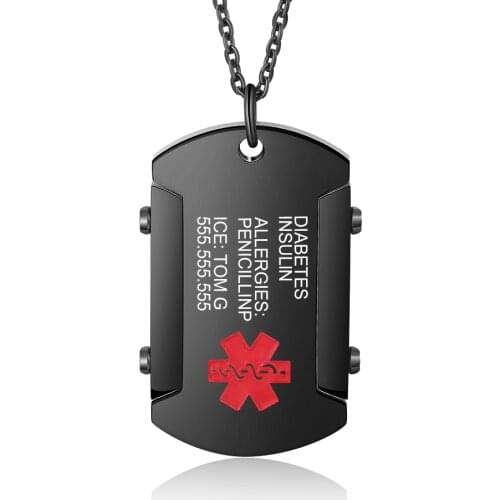 Personalized Medical Alert Necklaces Stainless Steel Black Charm Jewelry Tag Pendant Link Chain Engraving Emergency Gift for Men
