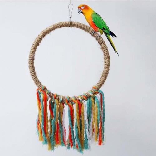 Hanging Wooden Parrot Bird Swing Circle Tassel Ring Chew Bite Toy Pet Supplies