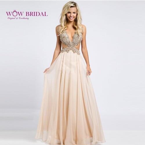 Wowbridal Sexy Two Piece Prom Dresses 2021 Deep Sexy V-Neck Cross-Cross Crystal Beaded Chiffon Draped A-Line Party Formal Gowns