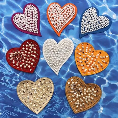 Rhinestone Pearl Beads Multi-color Love Heart Patches Applique Sew on Beads Applique Clothes Shoes Bags Decoration Patch DIY