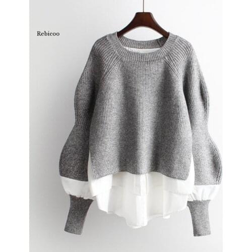 Knitting Thicken Patchwork Womens Sweaters Long Sleeve Loose Korean Pullover Sweater Female Autumn Winter Warm Ladies Jumpers