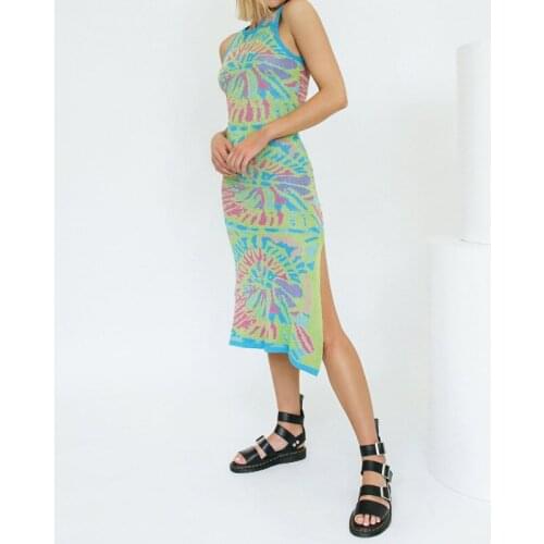 Knitted Printed Bodycon Dress Casual Fashion Sleeveless O Neck Dresses Summer 2021 Elegant Color Block Side Split Dress Women