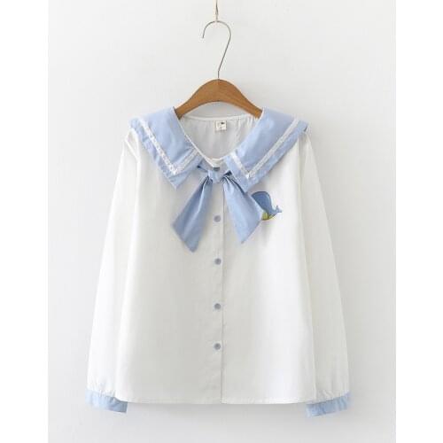 Vintage Sailor White Shirts Women Blouse Cute Bow Tie Front Kawaii Long Sleeve Top Girls Anime Cosplay Costume School JK Uniform