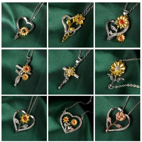 You Are My Sunshine Necklace, Birthday Jewelry Gift For Girlfriend, Two-Tone Pave Sunflower & Rose Heart Necklace with Crystal