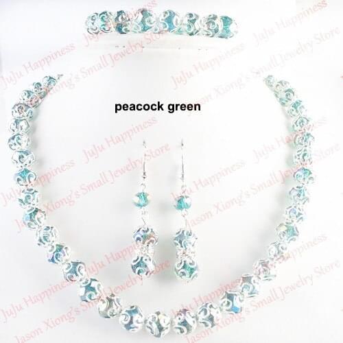 One set Handmade Peacock Green Crystal Glass Beads Jewelry Set Necklace,Earring and Bracelet 229
