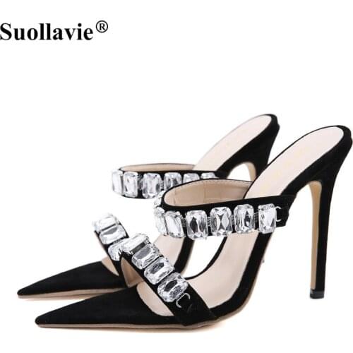 Suollavie 2021 Women 12cm Heels Crystal Sandals Stiletto Glitter Prom Elegant Stripper Ladies Party Shoes Black Big Size 41 42