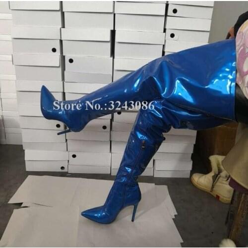 New Blue Pointed Toe Thigh High Long Boots Woman Sexy Thin Heels Over the Knee Boots Fashion Female Night Club Shoes