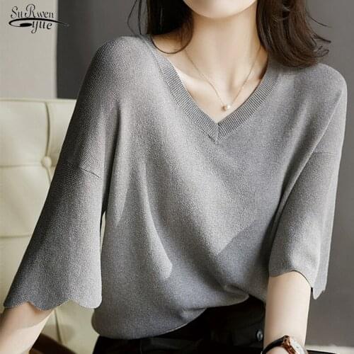 Petal Sleeve V-neck Solid Tops Loose Short Sleeve Ice Silk Sweater Women Fashion Shirt 2021 Womens Summer Knitted Shirt 14799