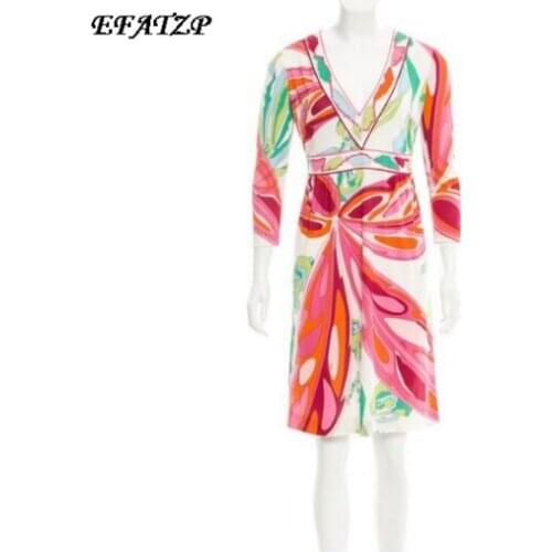 New 2017 Fashion Designer Brand Dress Womens V-neck 3/4 Sleeves Geometry Printed XXL Stretch Jersey Silk Day Dress