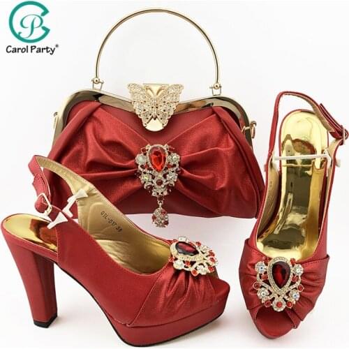 2020 red Color Sexy Women Party Shoes and Bag Set with Shinning Crytal Peep Toe Sandals African Lady Matching Shoes and Bag