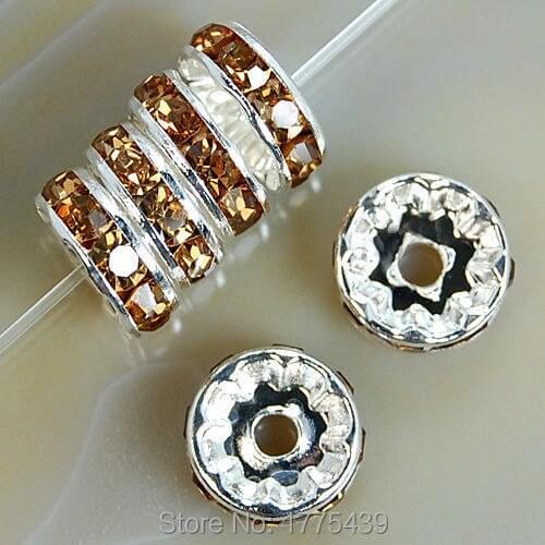Free Shipping 100Pcs 10MM Metal Brown Silver Plated Crystal Rhinestone Rondelle Spacer Beads For Jewelry Making Craft DIY