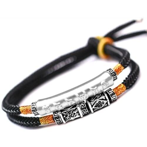 Handmade 999 Silver Tibetan Six Words Proverb Beaded Bracelet Pure Silver Buddhist OM Mani Padme Hum Bead Bracelet Man Bracelet