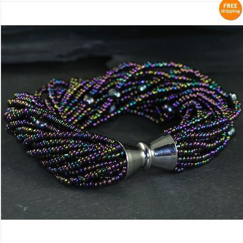 Iridescent Black Seed Bead & Natural Freshwater Pearlnecklace Bracelets AA 3-7MM 16rows Fashion Pearl Jewelry Magnet Clasp