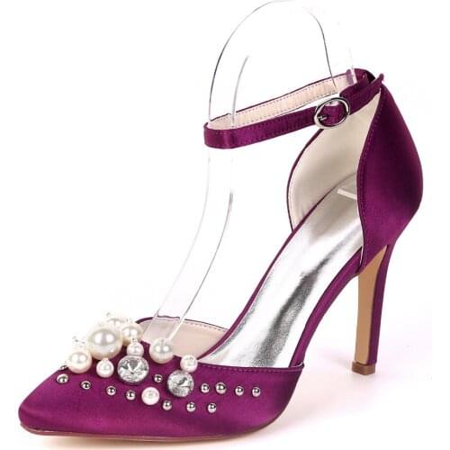 Creativesugar pointed toe D'orsay lady satin evening dress shoes with rhinestone pearls ankle strap wedding bridal heel pumps