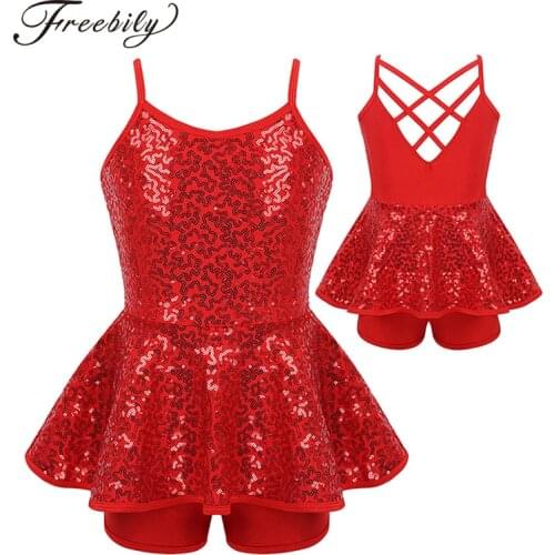Children Sequins Criss Cross Back Dancewear Gymnastics Leotard Girls Ballet Figure Skating Dress Modern Rave Jazz Dance Costume
