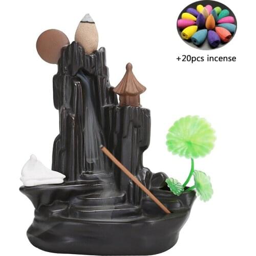 F +20pcsc Mix Incense Smoking Backflow Incense Burner Stove Indoor Household Sandalwood Cone Incense Holder Ceramic Monk Set